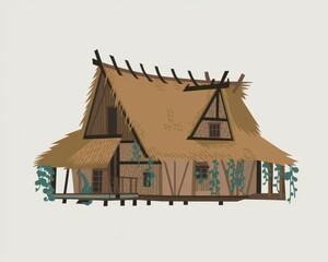 Canvas Print - A thatched roof house with wooden framing and plants