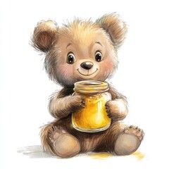 Poster - Cute illustrated bear joyfully holding a jar of honey while sitting on the ground in a vibrant, playful style. Generative AI