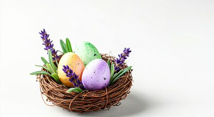 Wall Mural - colorful easter eggs and lavender flowers resting in a small nest on a minimalist white background