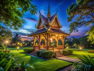 Wall Mural - Night Photography: Serene Thai Wooden Gazebo in Park