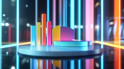 Wall Mural - 3d graphs on a sleek reflective surface in a modern setting. this futuristic and vibrant visual conc