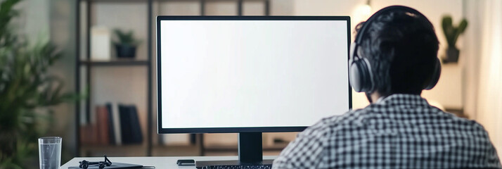 indian man sitting with his back to the camera, using a computer with a blank display in an office s