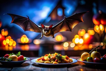 Wall Mural - Nocturnal Feast: A Bat's Night Flight Over Glowing Food