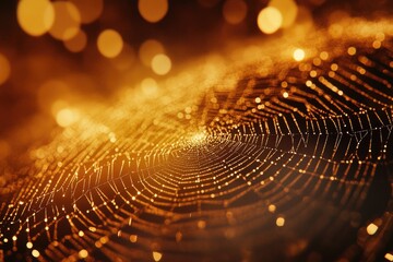 Golden spiderweb glistening with morning dew, bokeh background, intricate design.