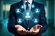 © Pete - Businessman holds network of professionals. Digital tech connects team. Leadership, strategic partnerships. Business success symbolized. Future growth potential. Global collaboration. Corporate