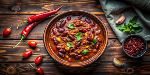 Canvas Print - Overhead Shot of Hearty Chili in Rustic Bowl on Wooden Table