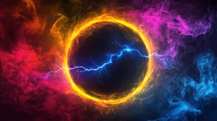 Wall Mural - a colorful circle with lightning bolts surrounding it on dark background