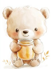 Fototapete - Cute illustrated bear holding a jar of honey in a cheerful and warm setting surrounded by nature elements. Generative AI
