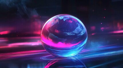 Wall Mural - a glowing blue and pink digital earth orb surrounded by light trails