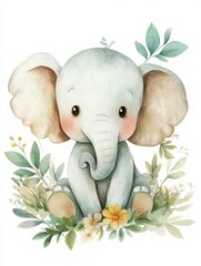 Poster - Cute elephant illustration sitting among flowers and leaves in a whimsical nature setting. Generative AI