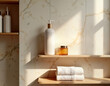© Pete - Modern bathroom interior design with cosmetic products on shelves. Light beige marble walls. Wooden shelves hold white bottles of cosmetic, jar. White towels neatly folded. Empty space suggests