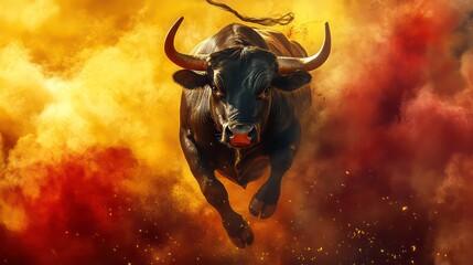 Wall Mural - a powerful running bull surrounded by vibrant red and yellow smoke, embodying the spirit of spain. t