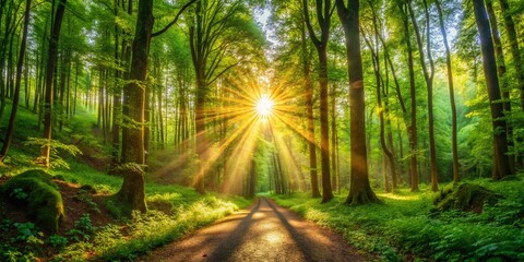 Wall Mural - Panoramic Sunlight Dappled Forest Path - Lush Green Canopy