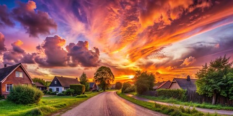 Wall Mural - Panoramic Sunset Village Street: Idyllic Rural Scene, Colorful Sky, Dirt Road, Houses, Trees