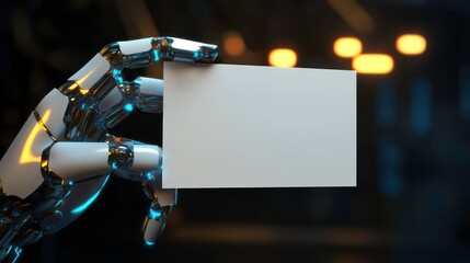 Wall Mural - a robotic hand holding a blank white card, with glowing blue and gold accents, against a dark backgr