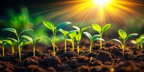 Wall Mural - Panoramic View of Delicate Seedlings Sprouting on Rich Earth Soil