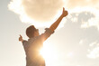 © kieferpix - Man with thumbs up to the sky, People feeling positive, hope , vision, victory, mental strength and winning concept