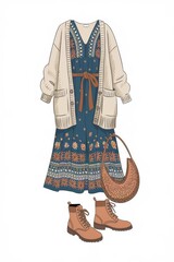 Wall Mural - Floral Dress Cardigan Outfit Boots Bag Ensemble