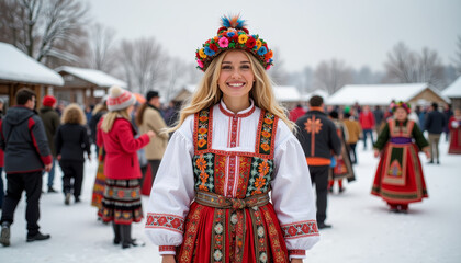 Joyful celebration in traditional Maslenitsa costume during winter festival, cultural heritage