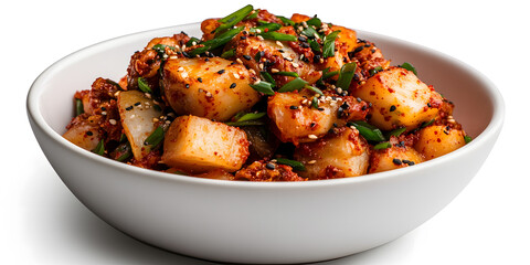 Spicy kimchi in a white bowl, garnished with sesame seeds and green onions. A vibrant and flavorful Korean dish.