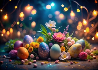 Wall Mural - Pastel Easter Eggs & Flowers Night Photography - Spring Festive Background