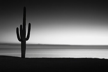 Poster - Silhouette of a saguaro cactus against a serene ocean at sunset, a breathtaking monochrome landscape.