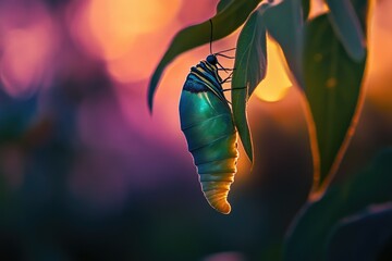 Poster - A vibrant turquoise butterfly chrysalis hangs from a leaf at sunset, showcasing nature's beauty and transformation.