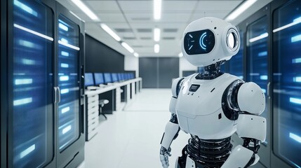 Wall Mural - a robot assisting with automated data validation in a clean, modern data center with organized works