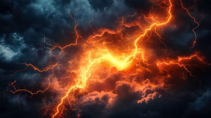Wall Mural - Abstract digital illustration of bright orange lightning striking through dark stormy clouds, conveying a powerful and dramatic natural phenomenon.
