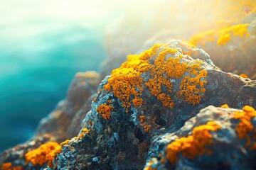 Poster - Vibrant orange lichen blooms on a dark, textured rock near a blurred teal ocean under a bright sun.