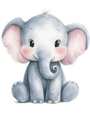 Poster - Cute illustration of a smiling elephant sitting cheerfully with colorful features and a playful expression in a light background. Generative AI