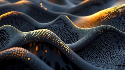 Wall Mural - abstract image featuring dark wavy surfaces with golden light and dotted particles creating a shimme
