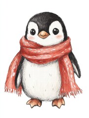 Poster - Playful penguin wearing a cozy red scarf stands cheerfully against a white backdrop in a delightful illustration. Generative AI