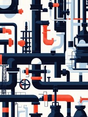Aufkleber - Geometric industrial pattern showcasing oil tanks and interconnected pipes in a dynamic arrangement. Generative AI