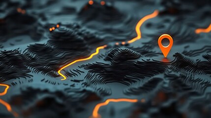 Wall Mural - abstract map with raised elements and an orange location marker pin indicating navigation or gps con