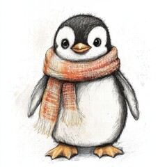 Poster - Cute illustrated penguin wearing a colorful scarf standing on white background during a playful winter day. Generative AI