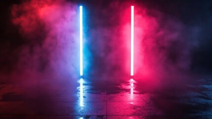 Wall Mural - abstract scene with red and blue neon lights in a foggy setting reflecting on a wet floor.