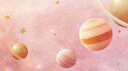 Wall Mural - an artistic rendering of the solar system with planets and shimmering golden stars set against a sof