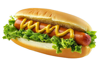 A hot dog with lettuce and mustard isolated on a white background in PNG format