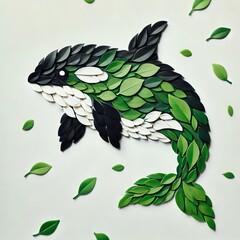 Orca aquatic mammal flat leaf art decoration arrangement art made with 1840 elements