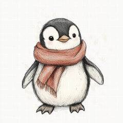 Poster - Cute penguin wearing a warm scarf stands cheerful in a snowy landscape during winter days. Generative AI