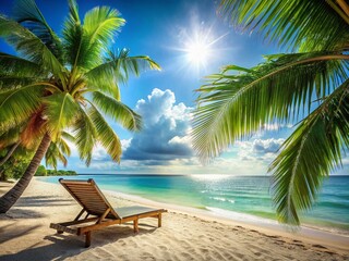 Wall Mural - Relaxing Tropical Beach Scene: Palm Trees, Sun Lounger & Ocean View - Stock Photo