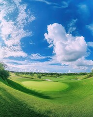 Wall Mural - Beautiful green grass field with blue sky and white clouds background, green meadow for golf course or park landscape