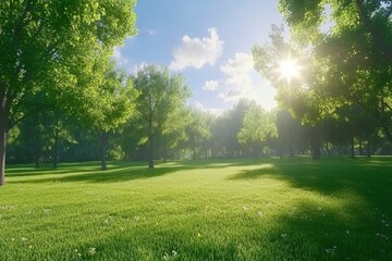 Beautiful green grass field with trees in a park landscape under a blue sky background. A green meadow and trees on a sunny day, an outdoor nature environment with sunlight and clouds, suitable