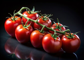 Canvas Print - Ripe Red Tomatoes on Vine, Dark Background, High-Resolution Stock Photo