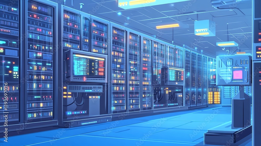 Detailed scene of data center filled server racks routers blinking ...