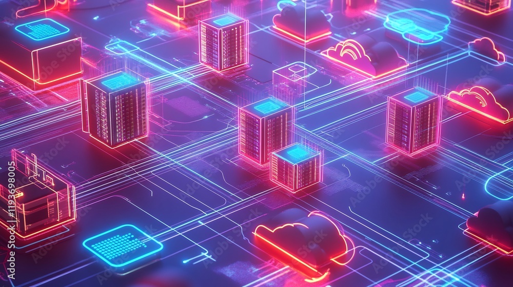 Vibrant depiction of cloud computing floating server virtual machine ...