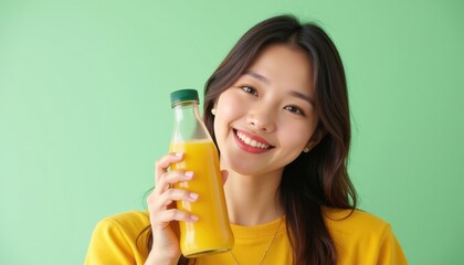 Wall Mural - Asian woman holding mockup juice bottle, smiling happily at the camera, on light green background with copy space