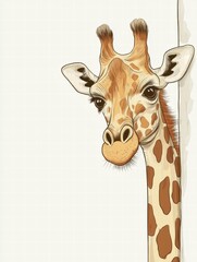 Poster - Giraffe curiously peeking around a corner in a light and colorful background illustration. Generative AI