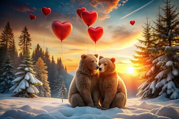 Wall Mural - Romantic Valentine's Day Bear Couple Panoramic Landscape